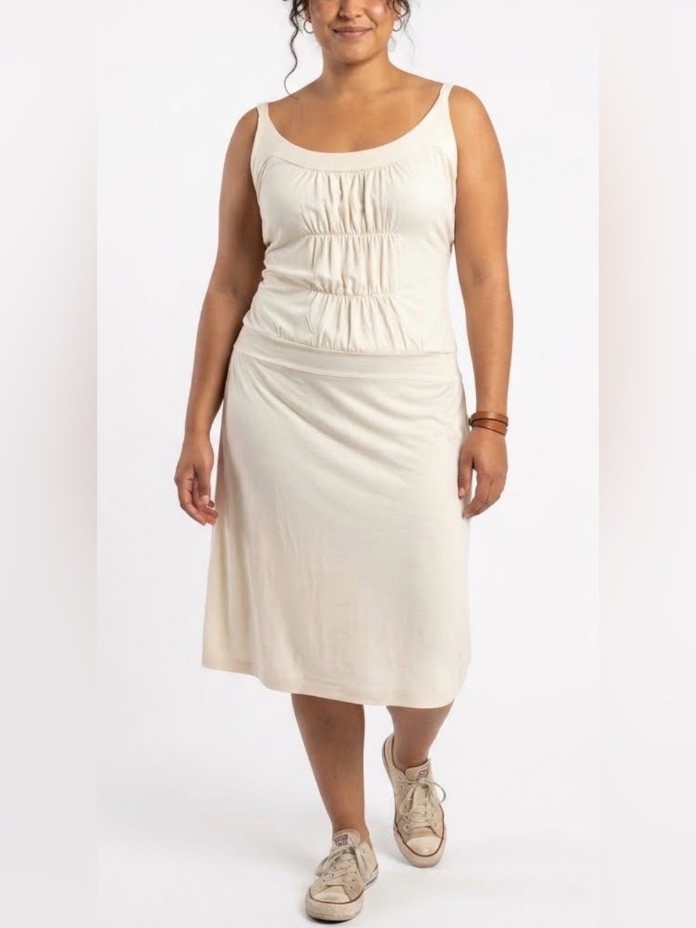 Vintage Y2K Stussy Girl Cream Ruched Midi Dress Sleeveless Size Large Streetwear